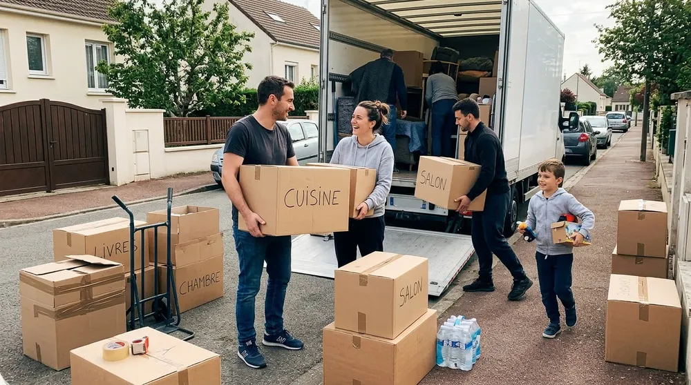 Un camion de déménagement stationné sur des places neutralisées par nos panneaux.