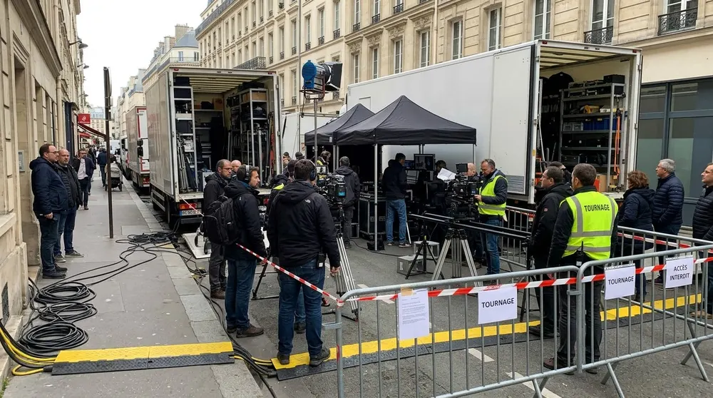 Véhicules techniques d'un tournage sur des emplacements neutralisés.
