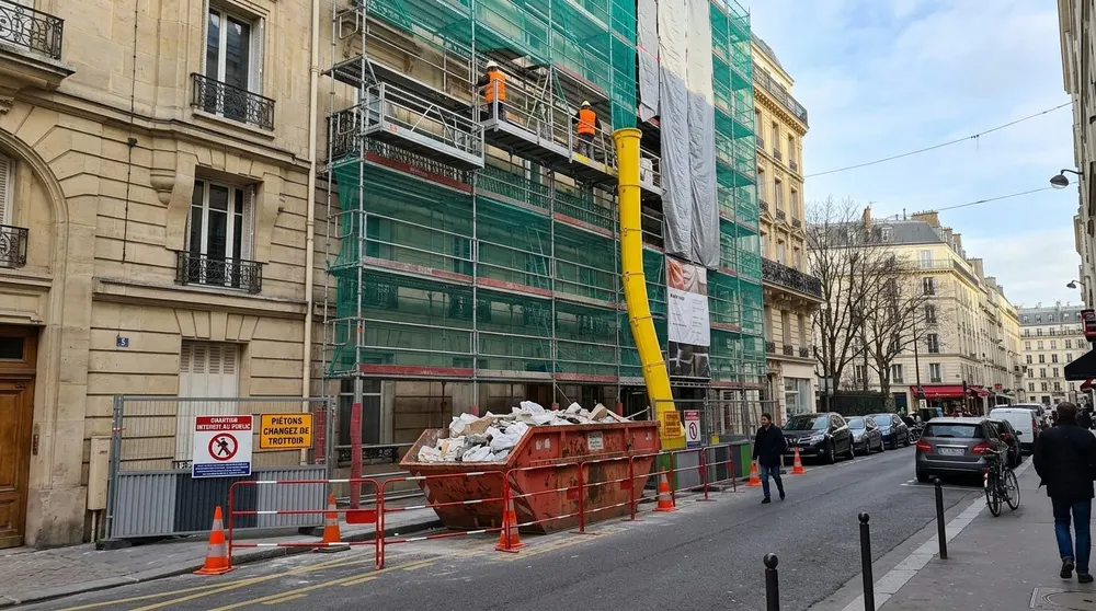 Chantier de façade avec échafaudage et places neutralisées.
