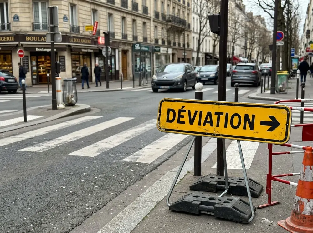 Panneau de déviation temporaire sur l'itinéraire de contournement.