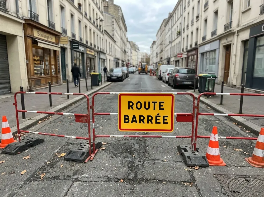 Panneau « route barrée » avec barrière et signalisation de déviation.